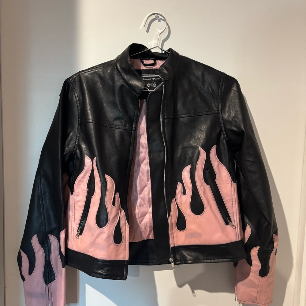 Diamond Supply Co. Black and Pink Flame Leather Jacket
